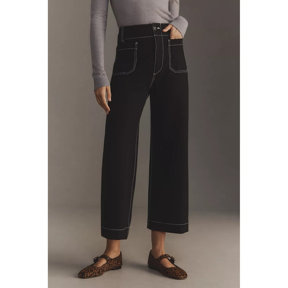 Maeve The Colette Anthropologie Black Wide Leg Contrast Stitch Pants Size 34
